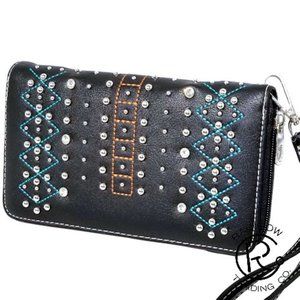 NWT Embroidered Rhinestone Faux Leather Wristlet